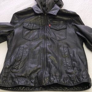 Levi’s black faux hooded Sherpa trucker jacket.  Size L